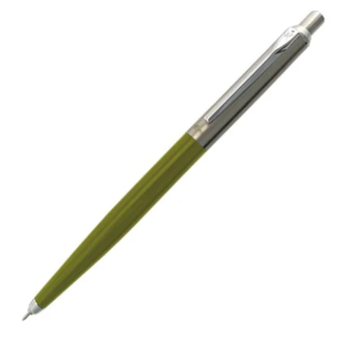 Green pen with silver clip on a white background