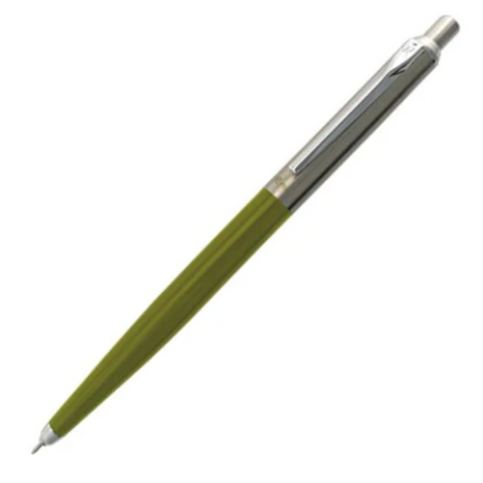 Green pen with silver clip on a white background