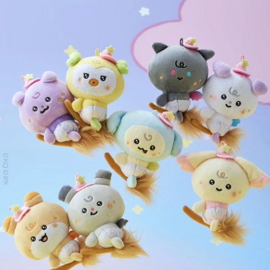 Set of cute plush toys with various animal designs on a light blue background