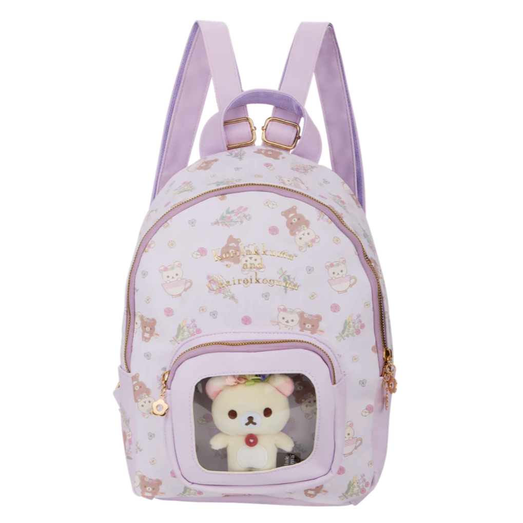 Backpack with teddy bear design and window on a white background