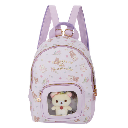 Backpack with teddy bear design and window on a white background