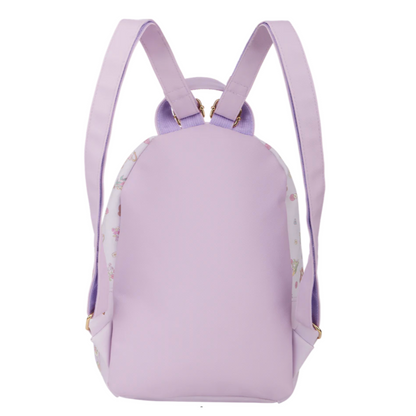 Lavender backpack with floral patterns on a white background