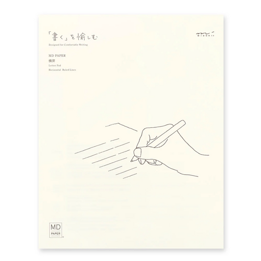 Notebook cover with a line drawing of a hand holding a pen on a white background