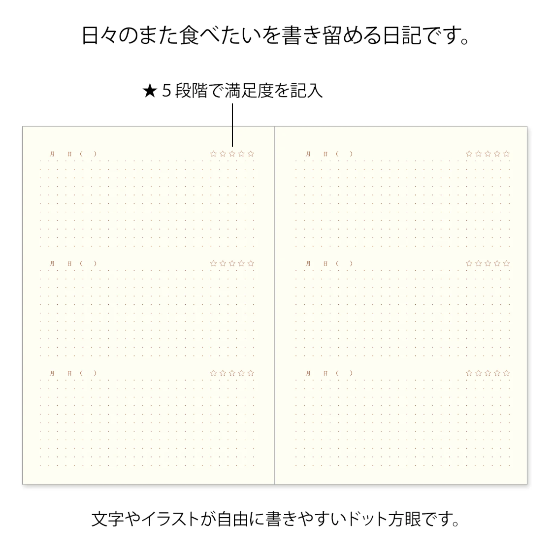 Dot grid notebook page with text in Japanese on a white background