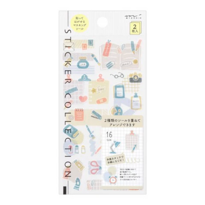 Packaging of a sticker collection with various designs on a white background