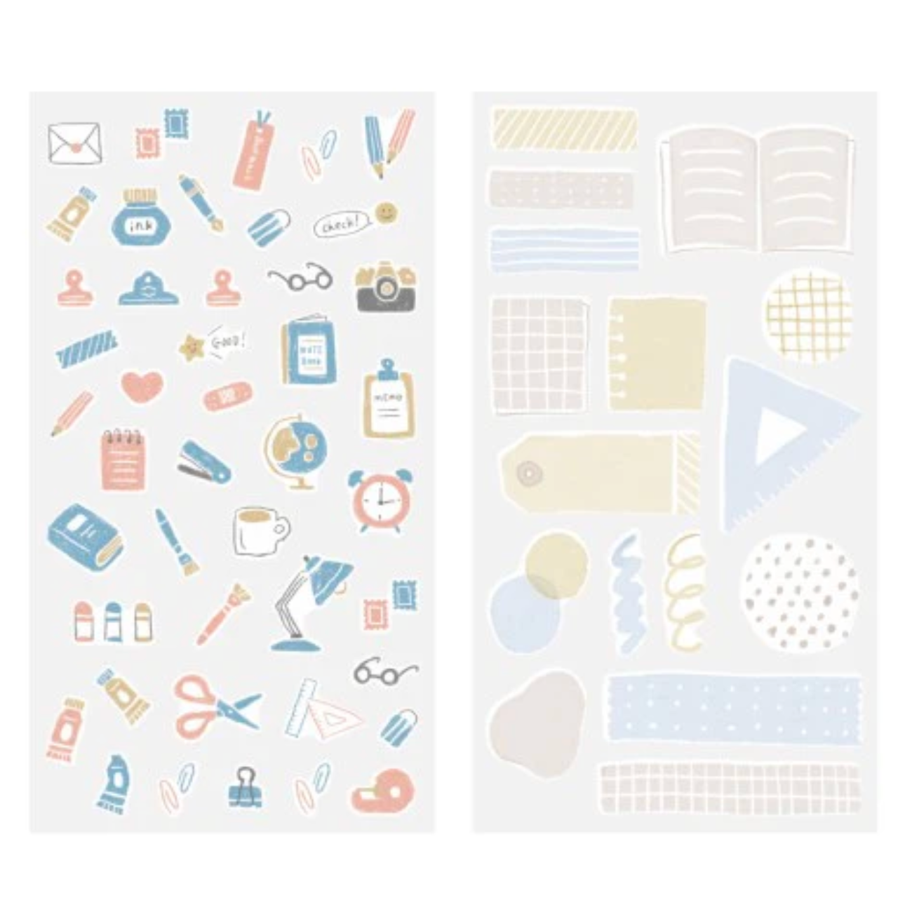Two sheets of decorative stickers with various icons and patterns on a white background.