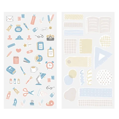 Two sheets of decorative stickers with various icons and patterns on a white background.