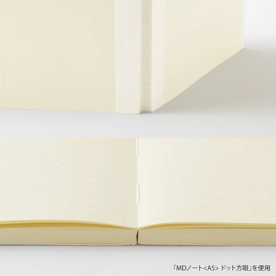 Open notebook with a grid pattern on a white background