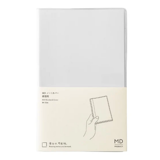 Notebook packaging with a hand holding the book illustration on a white background
