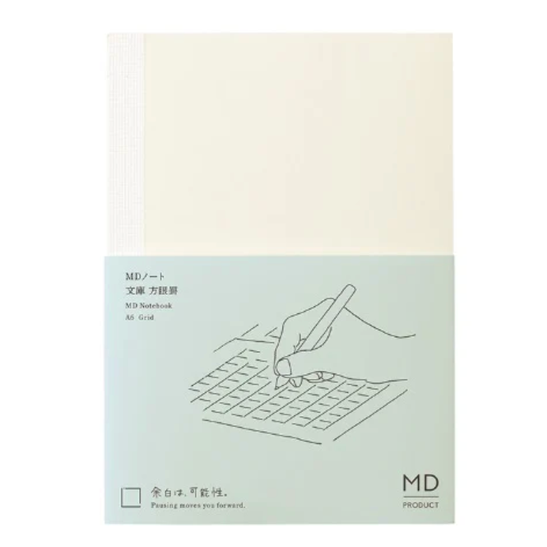 Notebook cover with a hand holding a pen over a grid design on a light green background.