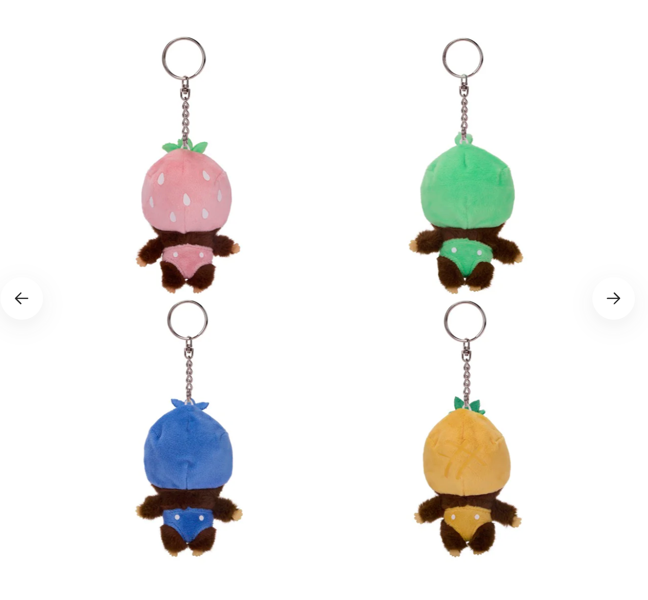 Four colorful plush keychains shaped like cartoon characters on a white background