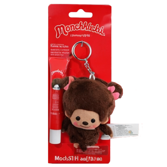 Monchhichi monkey keychain with lip balm on a red packaging background