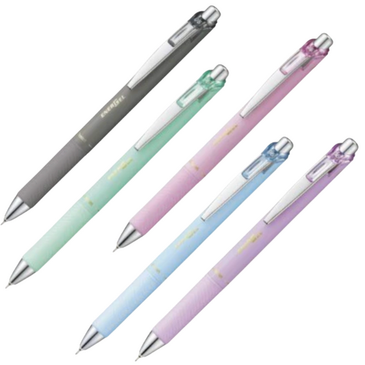 Set of five colorful pens with metallic caps on a white background