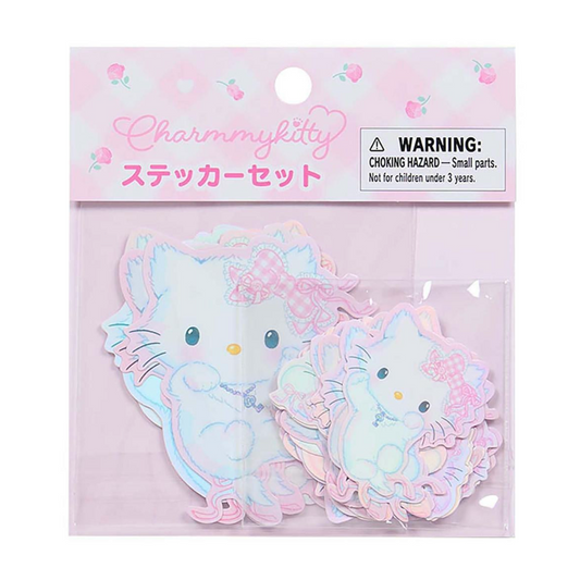 Charmmy Kitty sticker set packaging with holographic design on a pink background