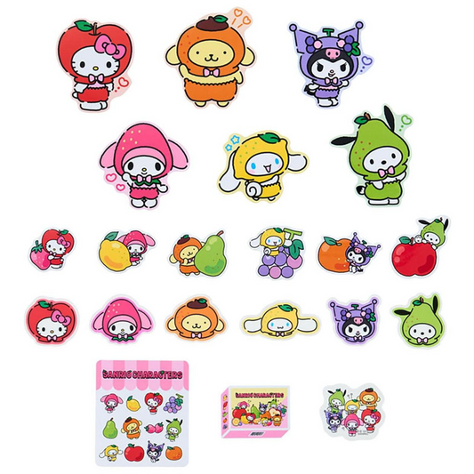 Set of colorful cartoon character stickers with packaging on a white background