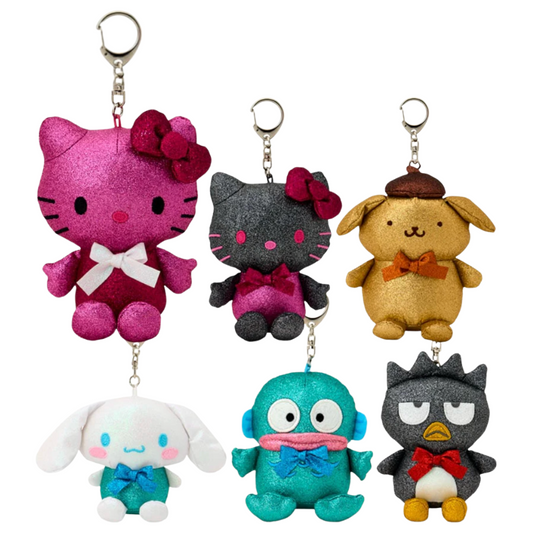Set of Sanrio colorful plush keychains shaped like cartoon characters on a white background