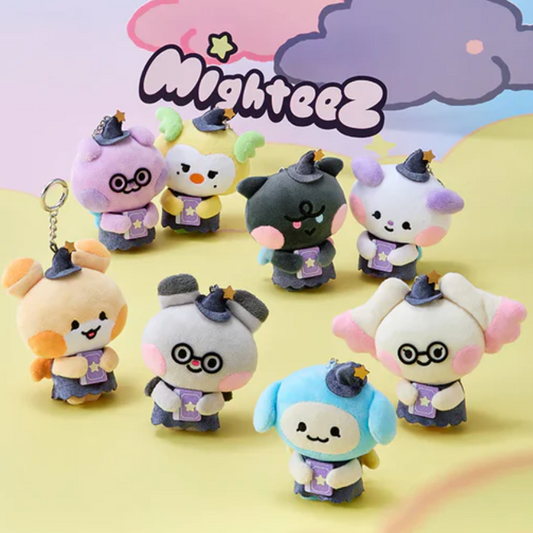 Collection of cute character figurines with 'Mighteez' branding on a colorful background