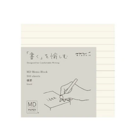 Memo block with liner design and text on a white background