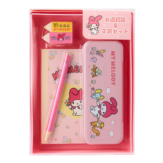 Pink stationery set with 'My Melody' character in packaging on a white background