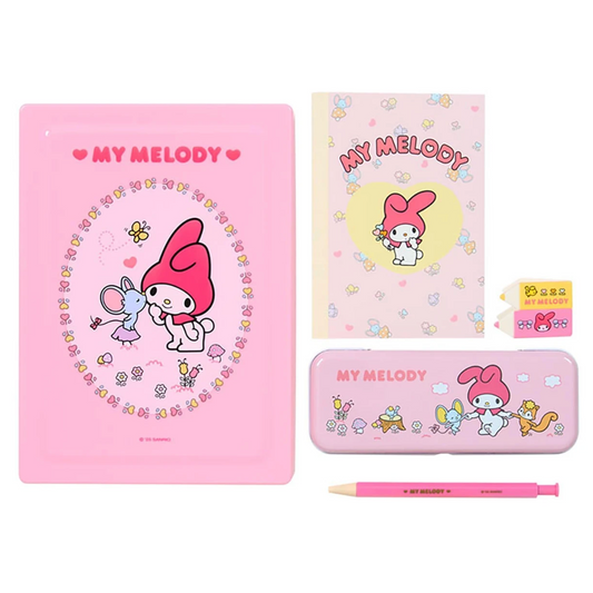 Pink stationery set with 'My Melody' characters on a white background