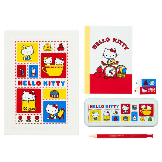 Hello Kitty stationery set with notebook, pencil case, and pencil on a white background
