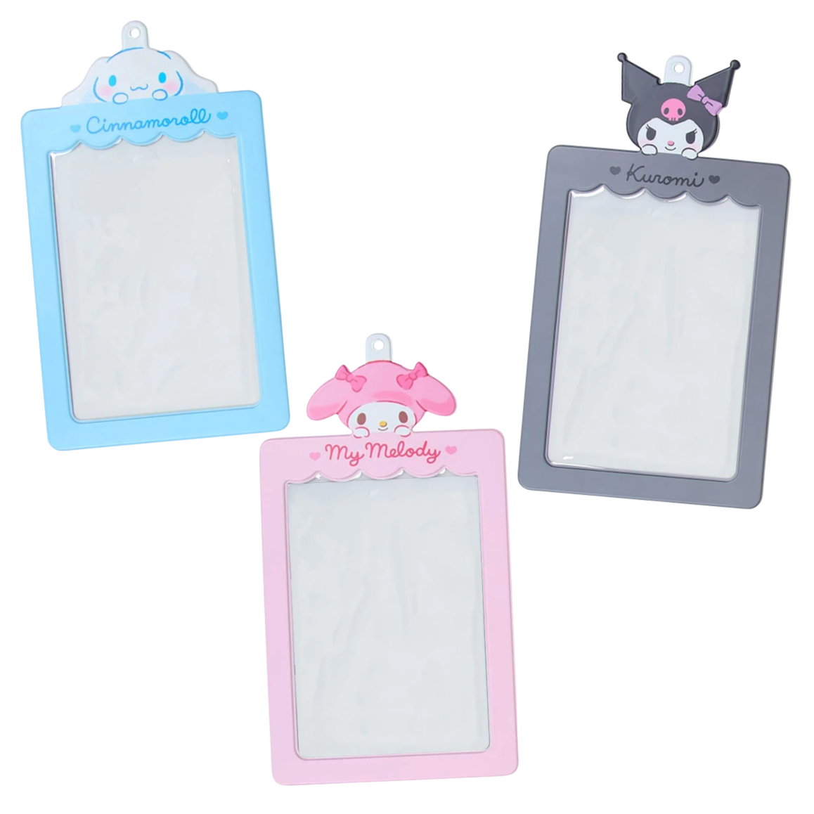 Three small rectangular photo holders with Sanrio character tops on a white background