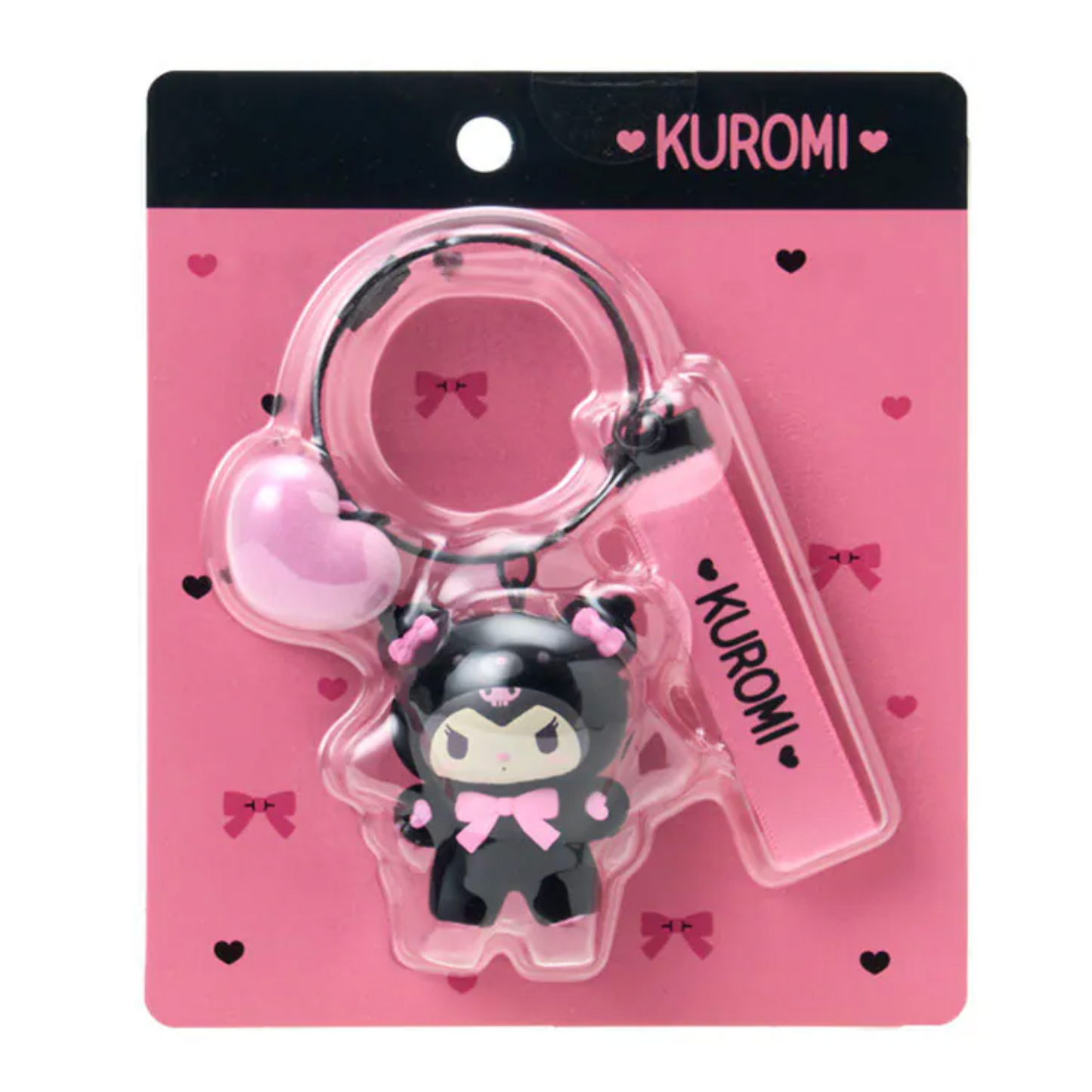 Kuromi character keychain in clear plastic packaging on a pink background with 'Kuromi' branding.