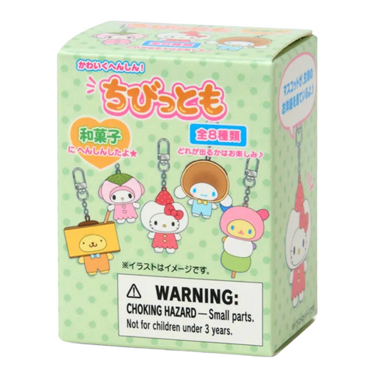 Box of Sanrio character keychains with a green polka dot pattern