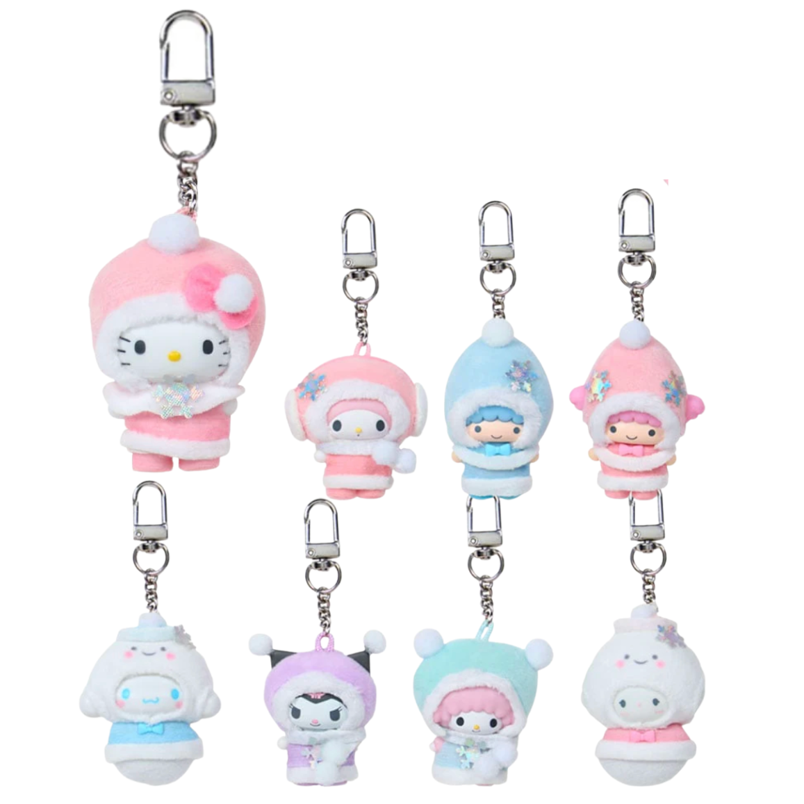 Set of cute plush keychains with various designs on a white background
