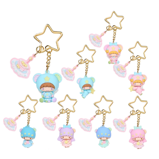 Set of colorful keychains with star-shaped pendants on a white background