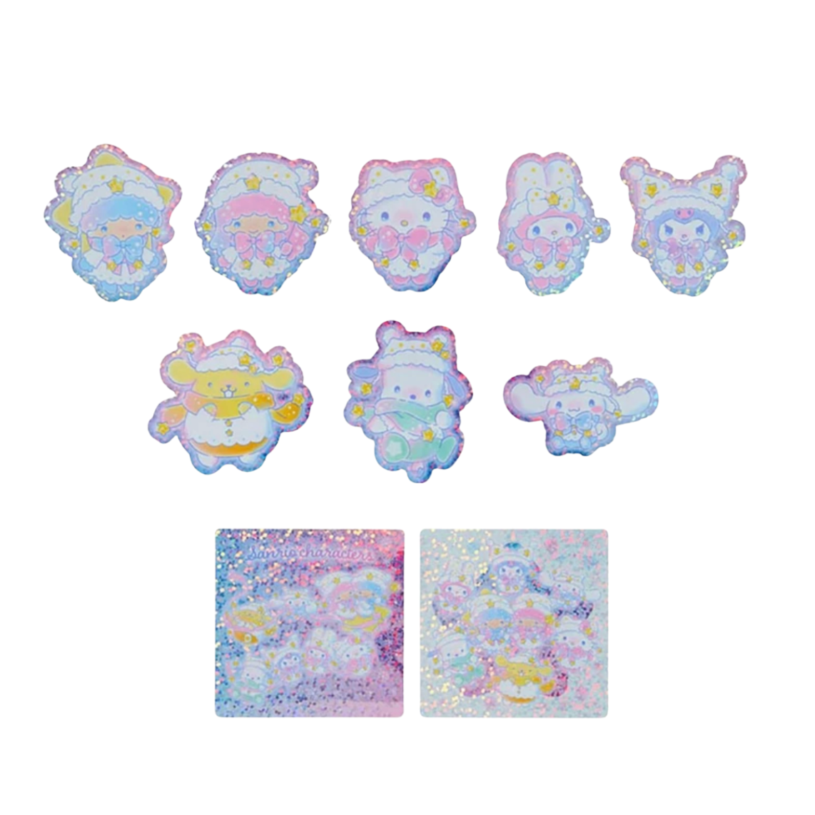 Set of colorful cartoon character stickers on a white background
