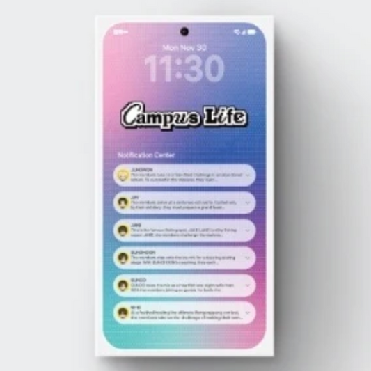 Phone screen image on packaging 'Campus Life' with notifications on a gradient background