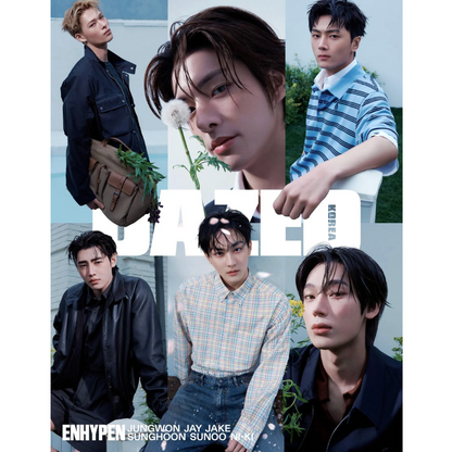 Group of people posed together with 'DAZED' magazine cover in the background