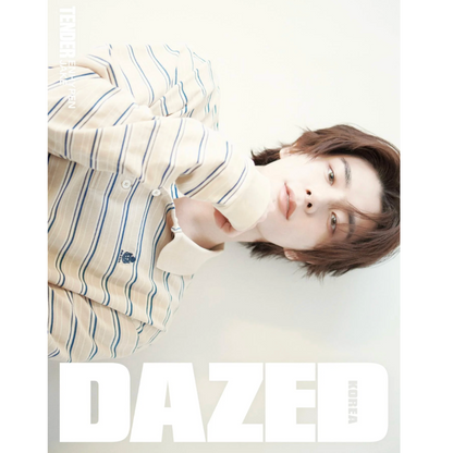 Person wearing a striped shirt with 'DAZED' magazine cover text