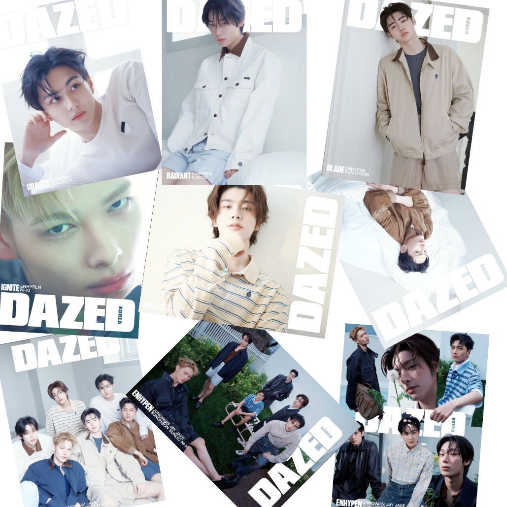 Group of layerd magazines of Enhypen with 'DAZED' branding