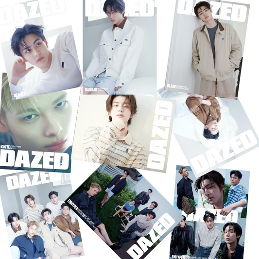 Group of layerd magazines of Enhypen with 'DAZED' branding