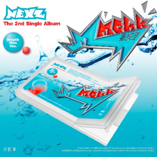 Album cover for 'NEXZ' 2nd Single Album with water design and prominent text.
