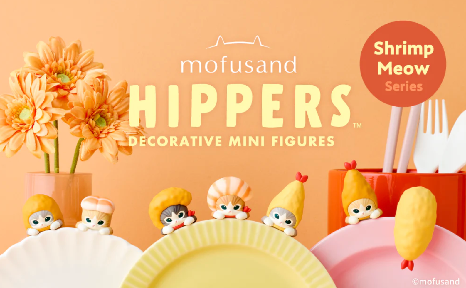 Decorative mini figures from the Shrimp Meow series by mofusand on a peach background with flowers and kitchen items.