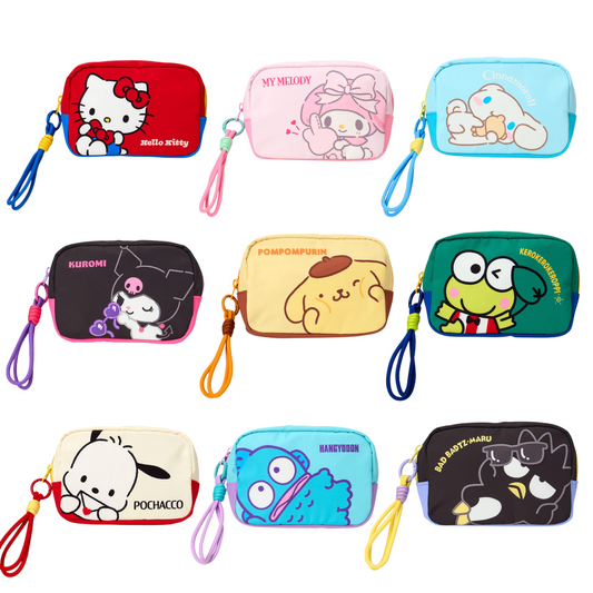 Collection of colorful pouches with cartoon characters on a white background