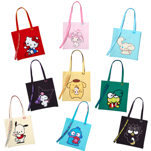 Collection of colorful tote bags with cartoon character designs on a white background