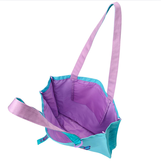 Purple and blue bag with a strap on a white background