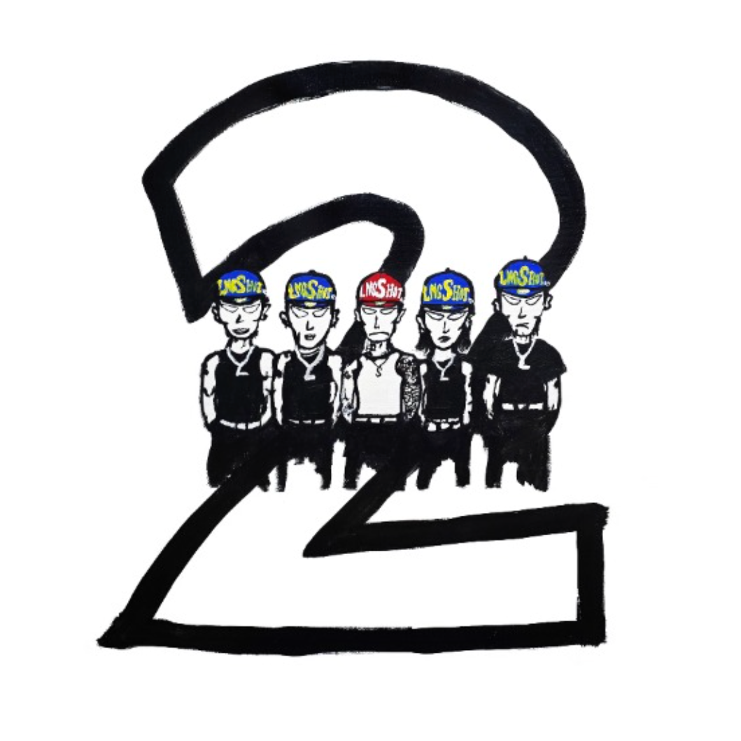 Illustration of five people wearing hats with 'LNGSHOT' on a stylized number 2 logo.