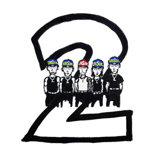Illustration of five people wearing hats with 'LNGSHOT' on a stylized number 2 logo.