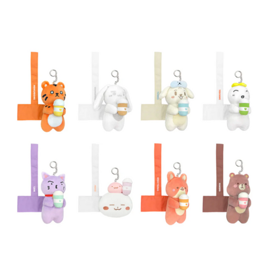 Set of small animal plush toys with strap on a white background