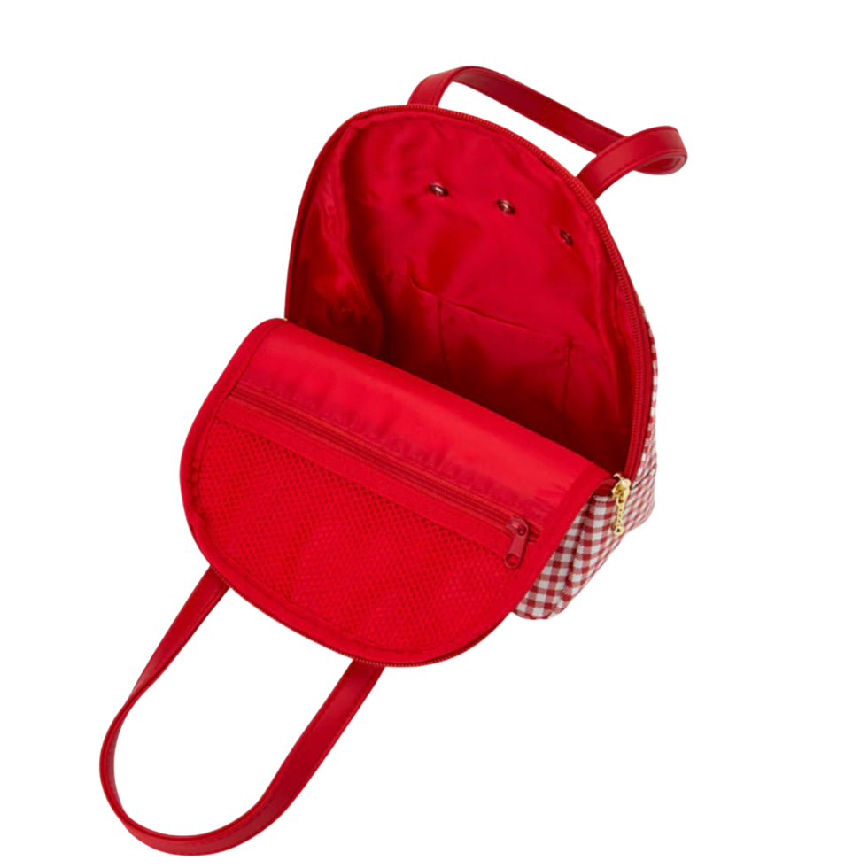 Red backpack with a checkered pattern on a white background