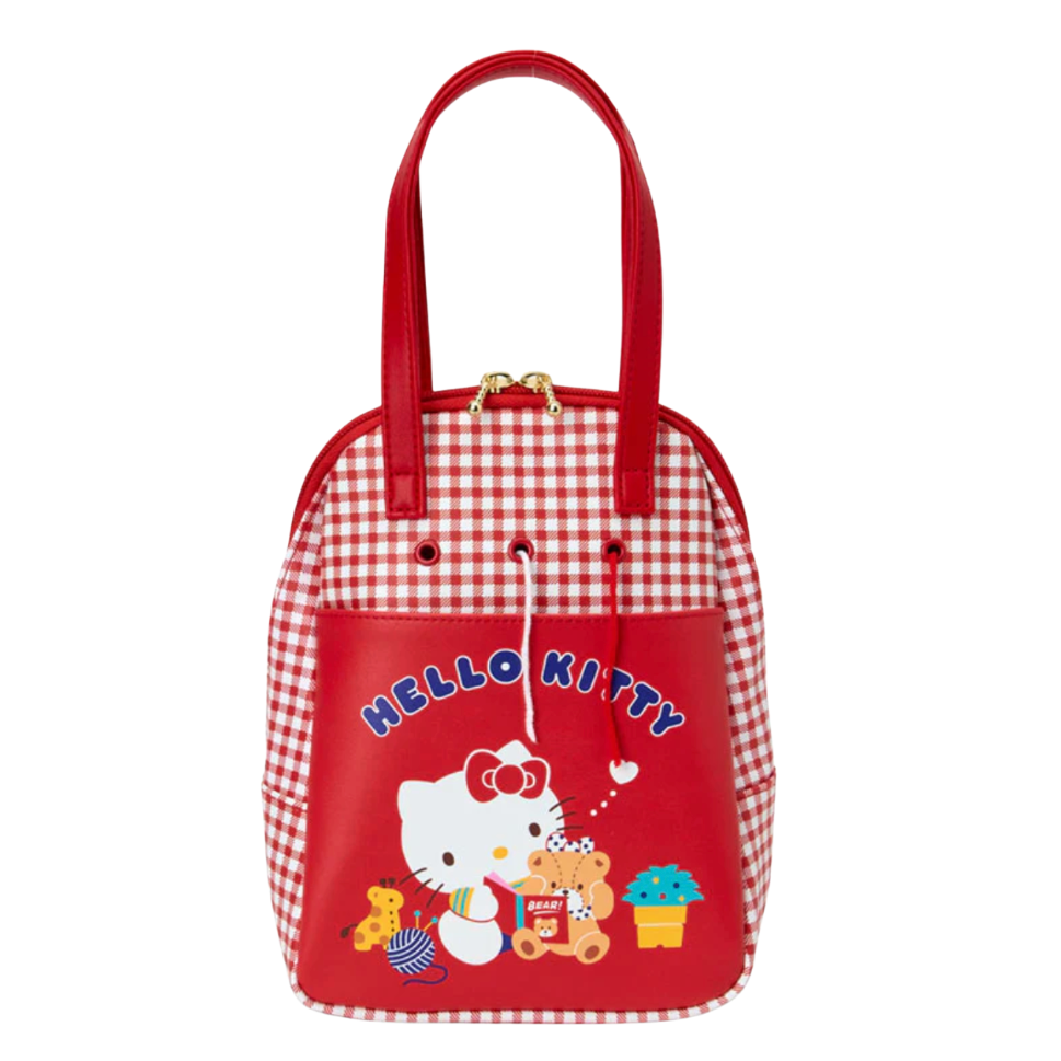 Red checkered bag with Hello Kitty design on a white background