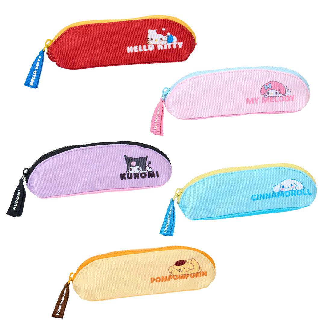 Five colorful pencil cases with character branding on a white background