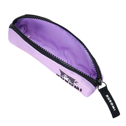 Purple pencil case with black zipper and 'Kuromi' branding on a white background