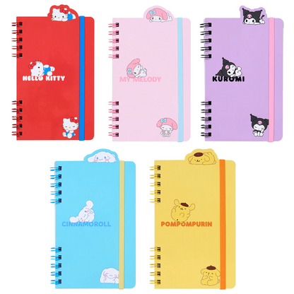 Five colorful notebooks with Sanrio character illustrations on a white background