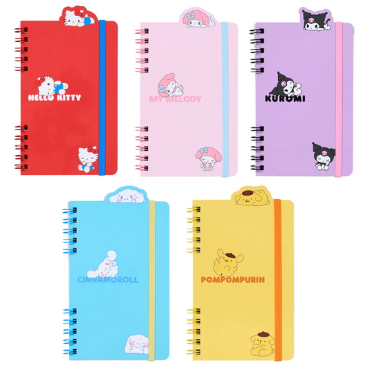 Five colorful notebooks with Sanrio character illustrations on a white background